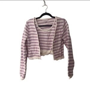 Cardigan & Tank Set – Lilac/White Striped – Scalloped Trim – Coquette -Sz med